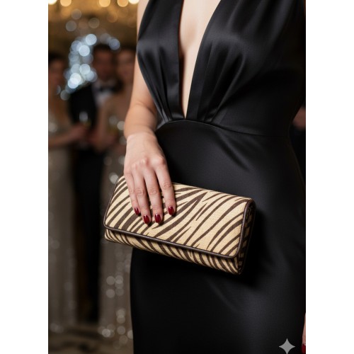 Evening Bag - Zebra Print w/ Flap - Brown - BG-92090BR